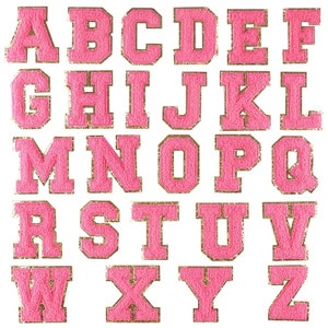 Letras de chenilla rosa fuerte de hierro de 8 cm / 3 pulgadas con borde dorado brillante, envío rápido desde EE. UU., ideal para mochila de bricolaje, bolsa, decoración de ropa
