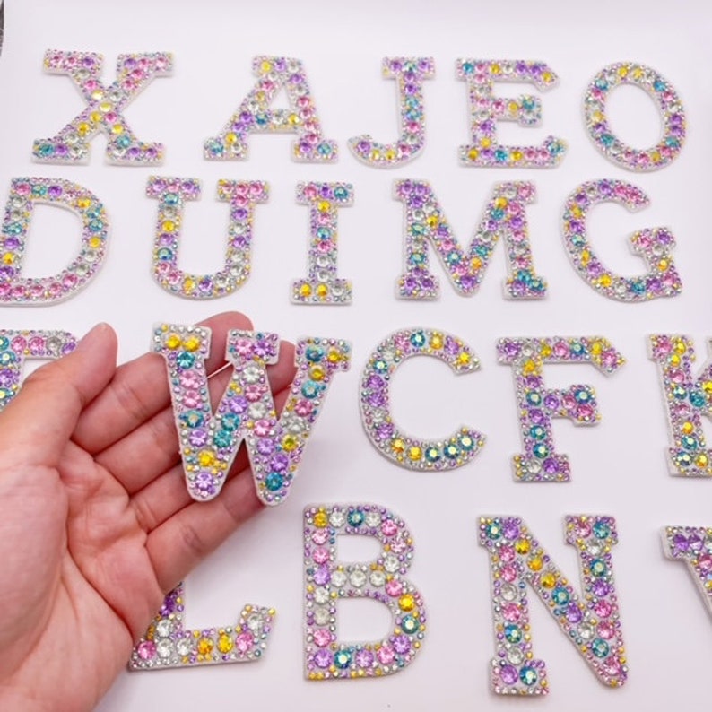 5.5cm Tall Iron on White Base Rainbow Rhinestone Letters, Fast Shipping ...