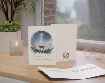 Aquarell Krippe Weihnachtskarten-Set - Christliche Feiertagskarten mit Umschlägen