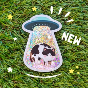 Mini Moo UFO Abduction Cat Vinyl Sticker Glitter (new)