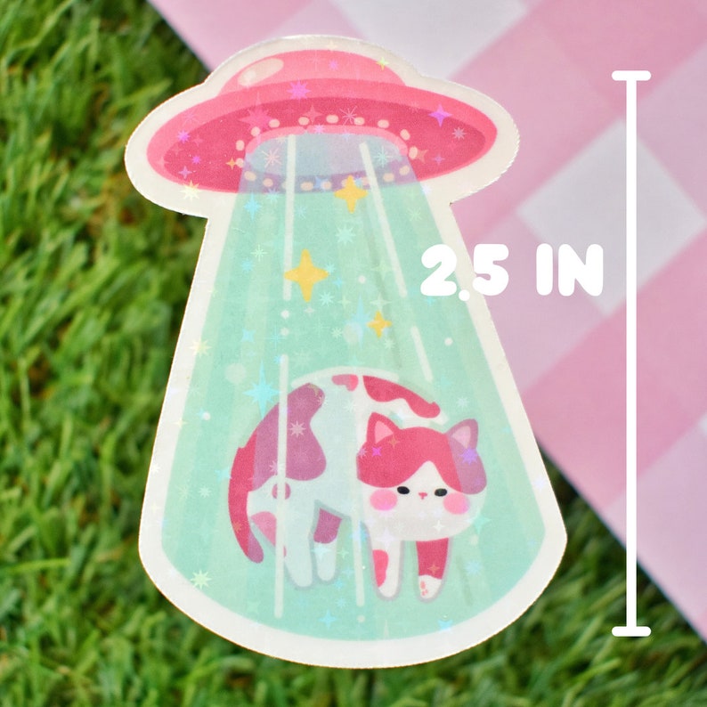 Mini Moo UFO Abduction Cat Vinyl Sticker Holographic Pink