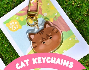 May include: A gold keychain with a clear acrylic charm featuring a cartoon brown cat with a white stripe on its forehead. The charm is on a white background with a green and yellow floral design. The text "CAT KEYCHAINS" is printed in pink on a white banner.