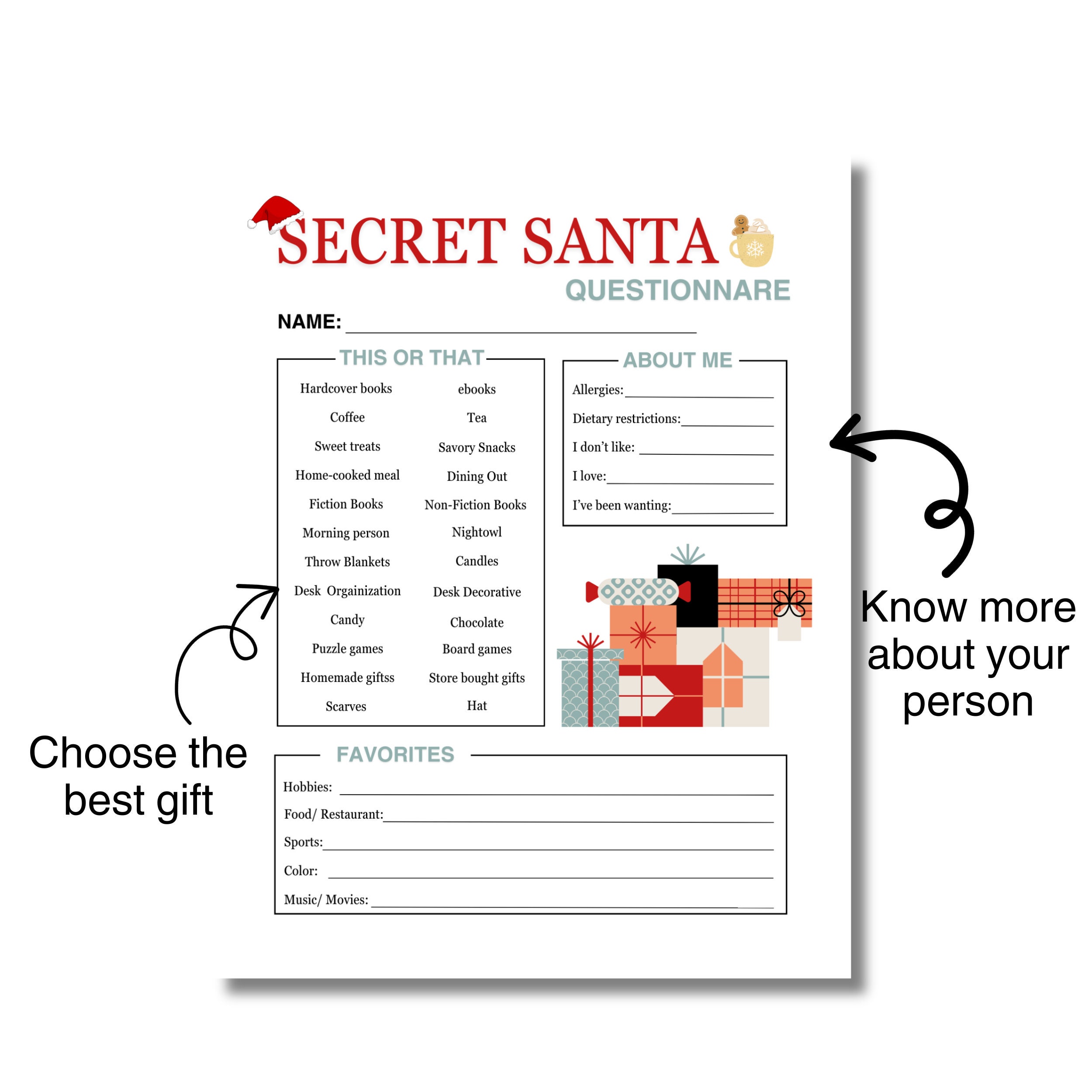 Printable Secret Santa Questionnaire Sign up and Name Cards (digital