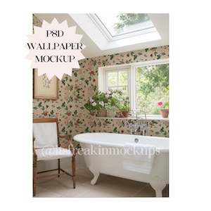 May include: A white bathtub with a towel on the edge, in a bathroom with a floral wallpaper, a window, and a wooden chair.