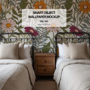 May include: A bedroom interior with two beds, each with beige bedding and pillows. A wooden bedside table is positioned between the beds. The wallpaper showcases a floral pattern with orange, pink, and burgundy flowers. The image includes the text "SMART OBJECT WALLPAPER MOCKUP".