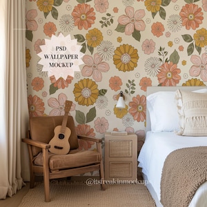 Boho Bedroom Wallpaper Mockup, PSD Wallpaper Mockup, Drag and Drop PSD, PSD Mockup, Interior Design Mockup, Minimal Mockup Blank Wall Mockup