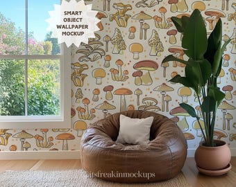 Boho Wallpaper Mockup PSD with Smart Object, Living Room Wallpaper Mockup, Playroom Wall Template PSD, Editable Wall Mockup PSD