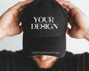 Black Baseball Cap Mockup: Man Wearing Hat, Print on Demand (JPEG File 2048x2048px)