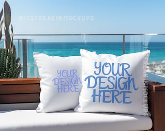 Beach House Pillow Mockup: Modern Throw Pillow (PNG Digital Download)