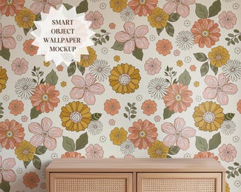 Floral Wallpaper Mockup: Living Room PSD with Smart Object