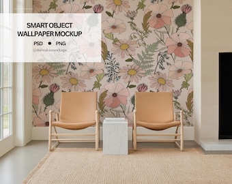 Living Room Wallpaper Mockup: Smart Object PSD, PNG