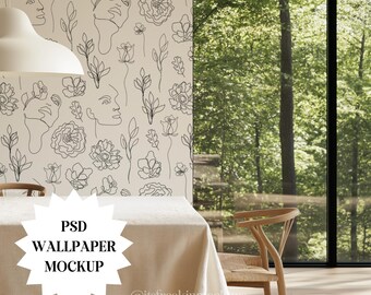 Dining Room Wallpaper Mockup PSD, Modern Dining Room Wallpaper Template PSD, Editable Dining Room Wall PSD, Seamless Pattern Mockups psd