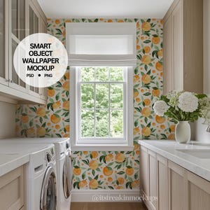 Waschküche Wallpaper Mockup mit Smart Objekt, PSD Wallpaper Mockup, Wandbild Mockup PSD, PSD Mockup, Innenarchitektur Mockup, Wandbild Mockup