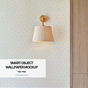 May include: A wall-mounted light fixture with a beige lampshade and a gold-colored base. The fixture is mounted on a wall with a geometric pattern wallpaper. The text "SMART OBJECT WALLPAPER MOCKUP" is visible.