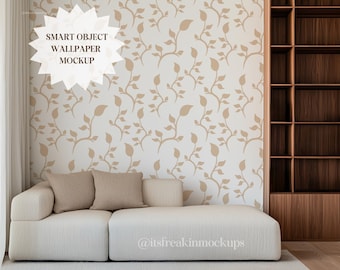 Wallpaper Mockup PSD: Smart Object, Living Room Mural (Digital File)
