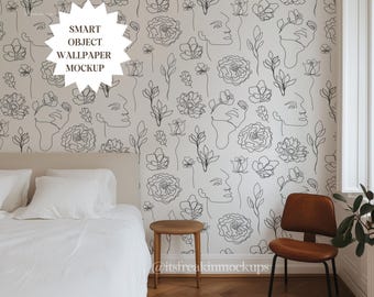 Mockup di carta da parati per camera da letto contemporanea con oggetto intelligente, modello di parete per camera da letto vuota PSD, mockup di parete vuota, mockup di motivo senza soluzione di continuità