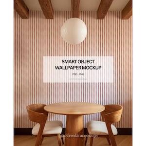 May include: A mockup of a dining room with a round wooden table and two chairs. The background features a striped wallpaper in shades of pink and white. A white globe light hangs from the ceiling. The text "SMART OBJECT WALLPAPER MOCKUP" is displayed.