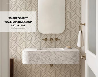 Modern Bathroom Wallpaper Mockup PSD, Modern Powder Room Wallpaper Mockup with Marble Sink, Contemporary Bathroom Wallpaper Template