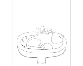 5x7" | 6x8" | 8x10" | 8x12" One-Lined Sink Cat Drawing/Doodle Print On Premium Matte Paper