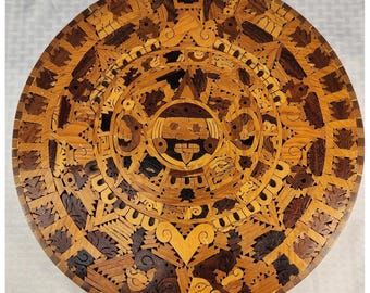 Beautiful Vintage Aztec Myan Calendar Hand Carved Inlay Wood Art Intricate