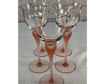 5 Vintage Mikasa SEA MIST Coral Frosted Pink Crystal Wine Water Goblets Germany