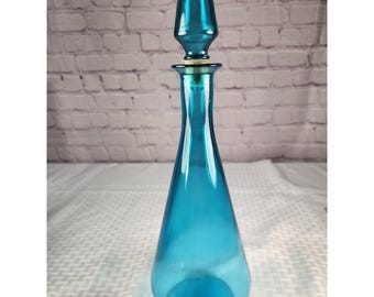 Vintage Genie Mid Century Modern Blue Glass Decanter with Stopper MCM Art Glass