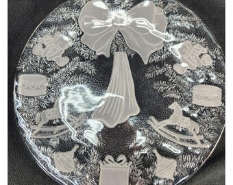 Mikasa Crystal Hostess Platter Tray Christmas Bow Horse Toys 15" Heavy Gorgeous!