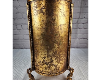 Vtg Hollywood Regency Gold Leaf Gilt Footed Heavy Metal Trash Can Wastebasket MC