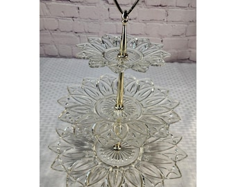 Vintage Federal Petal GLASS 3-Tiered Tray Glass Dessert Stand 14" X 11"