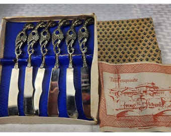 VTG Griffin Dragon Brass Flatware Butter Cheese Spreader Caviar Knife Set Italy