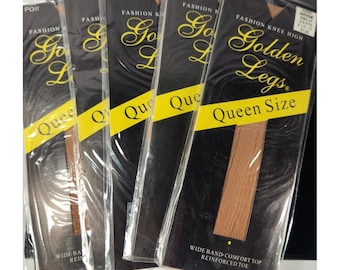 NUEVO Lote Vintage de 5 medias altas hasta la rodilla QUEEN Golden Legs Fashion color beige 100% nailon NY