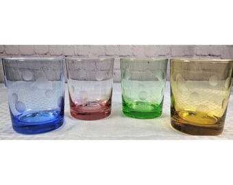 Set of 4 Artland Colorful "Polka Dot" Double Old Fashioned Glasses Etched Dots