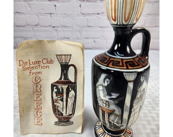Vintage Greek Vase Grecian Oil Decanter Eageas and Themis Ceramic Pottery Insert