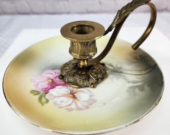 Vintage Brass & Bone China Chamberstick w/Finger Loop  Drip Tray