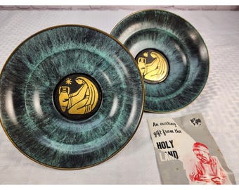 Set of 2 Vintage Brass & Green Enamel Serving Bowl TAYA Jerusalem ISRAEL NEW!