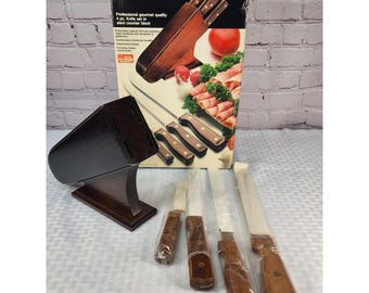 Vtg Old Homestead 5 Piece Kitchen Knife Set In Slant Counter Block Japan NEW!