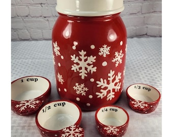 Red & White Snowflake Cookie Jar + Matching Measuring Cups