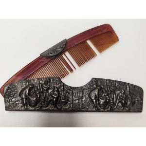Vintage 1940s Tortoise Comb W/ Repousse Silver Plated Village Scene Case 5"