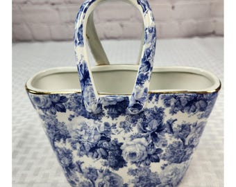 White & Blue Rose Chintz Porcelain Purse Vase Gold Trim A Special Place 2003