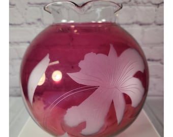 Etched Red Cranberry Glass Vase Bowl Decor Flower Beautiful Ruby Red Color!