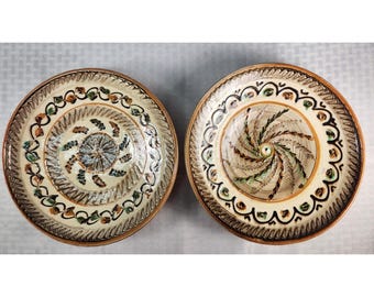 1870-1900 Vintage Romanian Horezu Pottery Clay Art Swirl Plates Signed Set