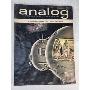 May include: A vintage February 1968 issue of Analog Science Fact & Science Fiction magazine. The cover features a large, spherical spacecraft labeled Galactic Mail 2, with an interior view showing three figures and a dark, starry space background.