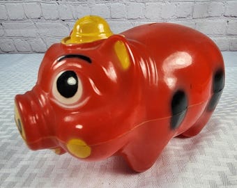 Vintage WES-KO-Prod of CAL. 1950s Red Plastic Piggy Bank Excellent Condition