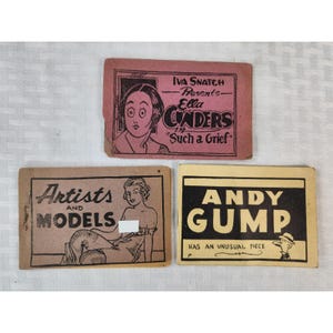 May include: Three rectangular paper cards with vintage illustrations and text. One pink card reads Iva Snatch Presents Ella Cinders Such a Grief. One tan card reads Artists and Models. One cream card reads Andy Gump Has an Unusual Piece.