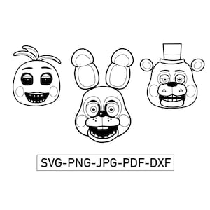 May include: Black and white line art of three cartoon character faces. The characters include a chicken, a rabbit, and a bear wearing a top hat. The text "SVG-PNG-JPG-PDF-DXF" is below the characters.
