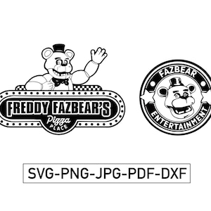 May include: Black and white illustration of a cartoon bear wearing a bow tie and a hat. The bear is sitting in front of a sign that says "Freddy Fazbear's Pizza Place". There is also a black and white logo with the text "Fazbear Entertainment".