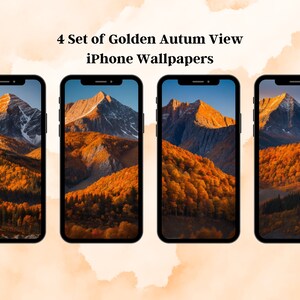 4 Set of Golden Autumn View iPhone Wallpapers, Fall Mountain and Forest, Digital Download Phone Decor