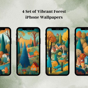 4 Set of Vibrant Forest iPhone Wallpapers, Digital Download Phone Decor