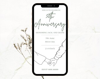 May include: A mobile phone screen displaying a 50th anniversary invitation. The invitation features a simple line drawing of two hands holding each other, with the text "Join us to celebrate 50th Anniversary honoring Jack and Diane 7th June River Inn 2 o'clock RSVP 888.8888".