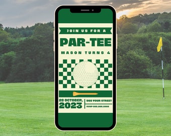 Puede incluir: Una invitación de golf en verde y blanco en la pantalla de un teléfono inteligente. La invitación dice "Join us for a Par-Tee Mason Turns 4" con un gráfico de pelota de golf y tee. La fecha es el 28 de octubre de 2023, y se incluye una dirección y un número de RSVP.